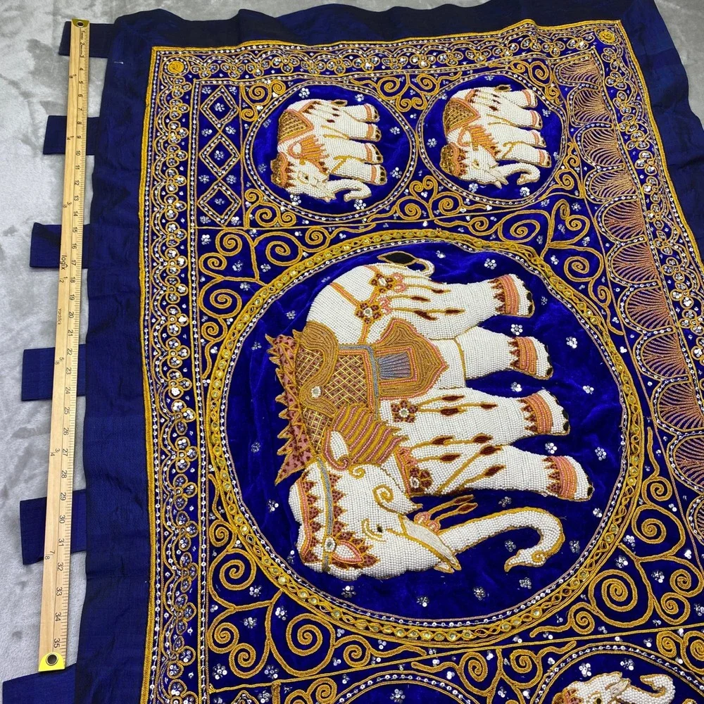 Vibrant Blue Elephant Tapestry Wall Hanging Embellished Beaded Thai Burmese Deco
